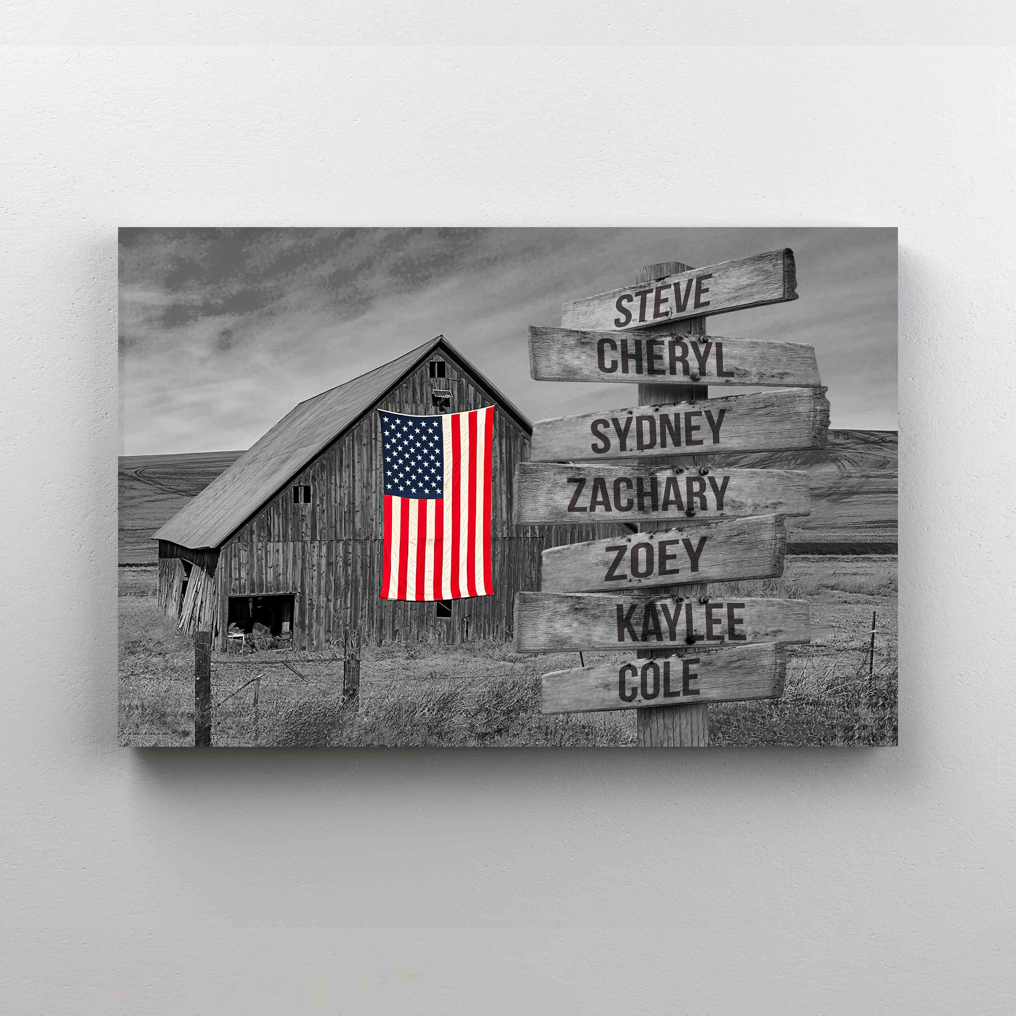 Personalized Name Canvas, American Flag Canvas, Family Canvas, Barn Canvas