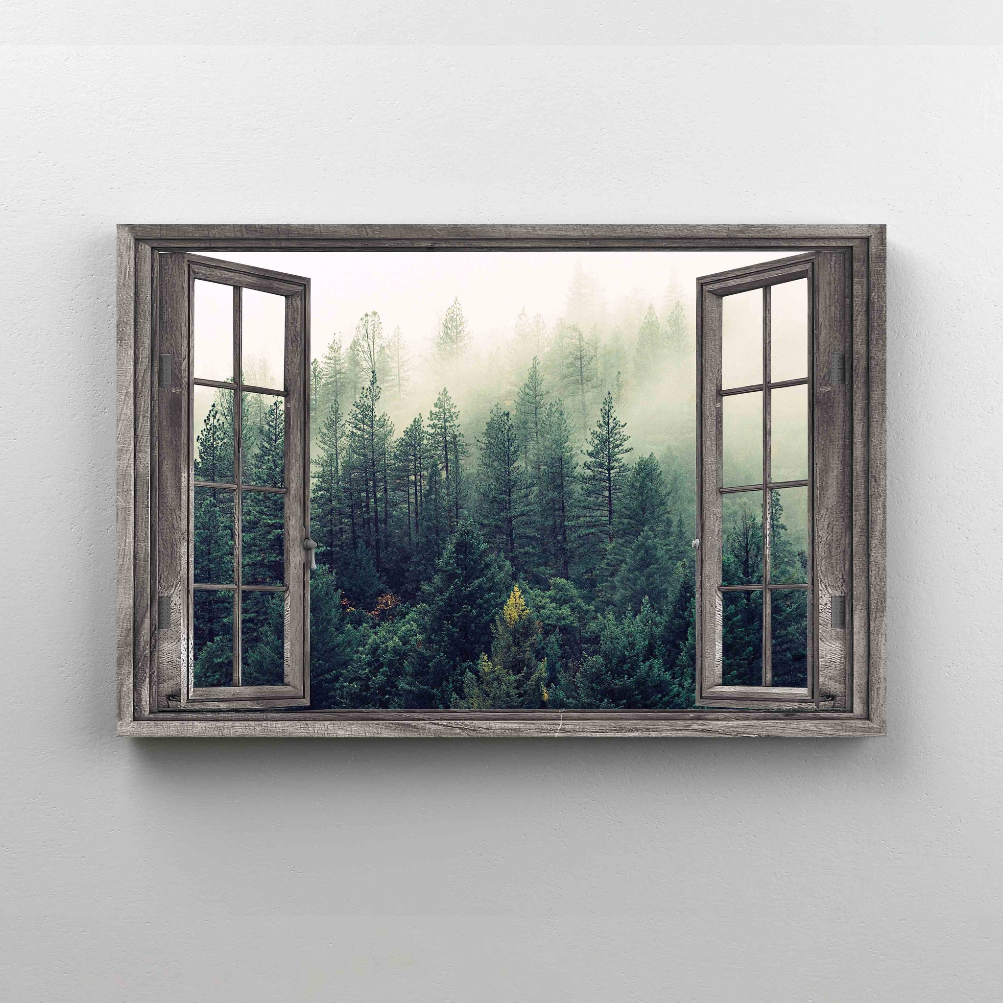 Rustic Window Canvas, Forest Canvas, Fog Canvas, Wall Art Canvas, Gift Canvas