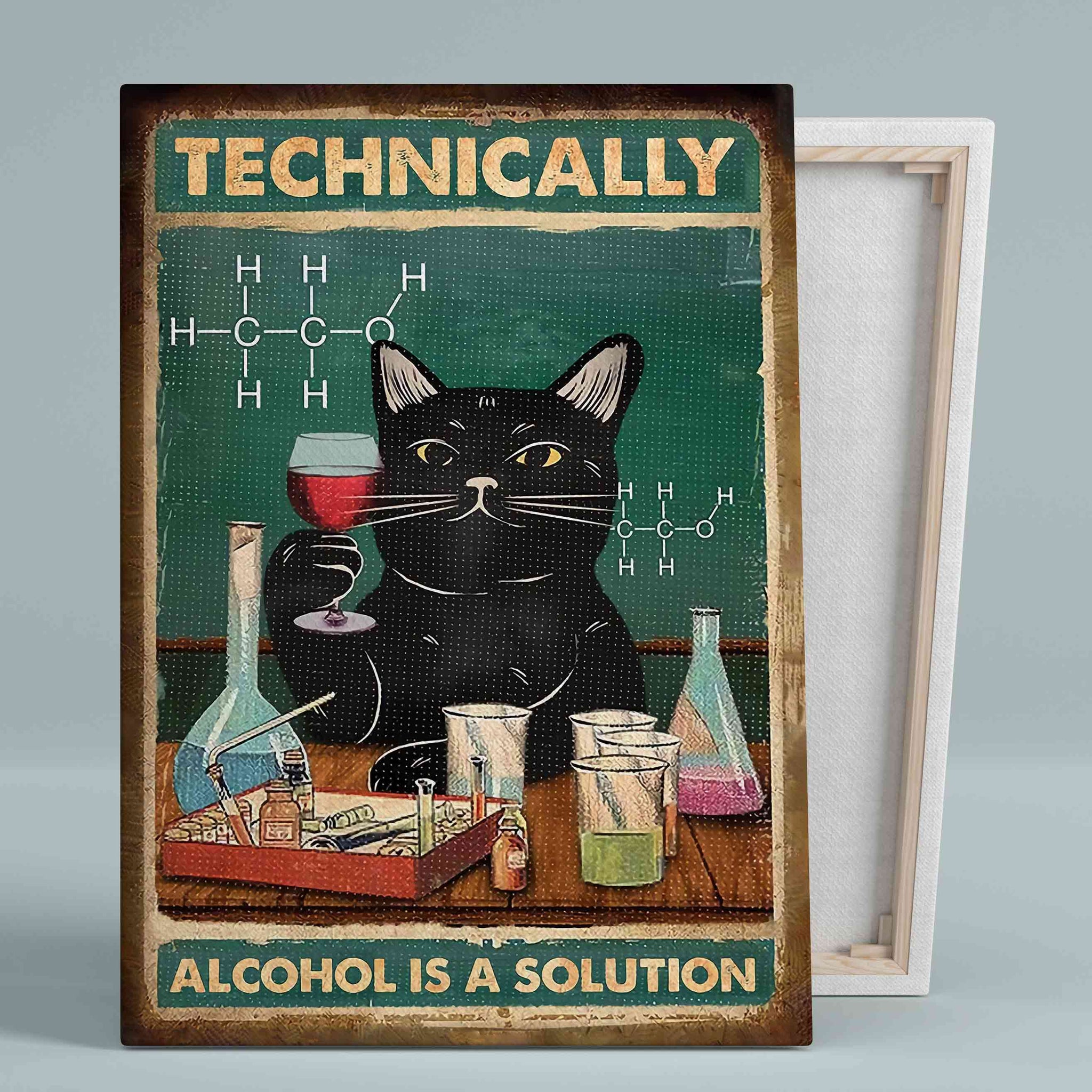 Technically Alcohol Is A Solution Canvas, Black Cat Canvas, Chemistry Canvas, Funny Cat Canvas