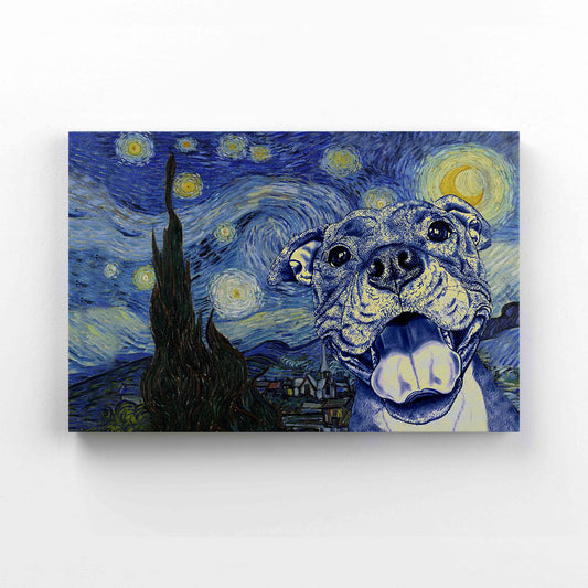The Starry Night Canvas, Pit Bull Canvas, Dog Canvas, Painting Canvas, Wall Art Canvas, Gift Canvas