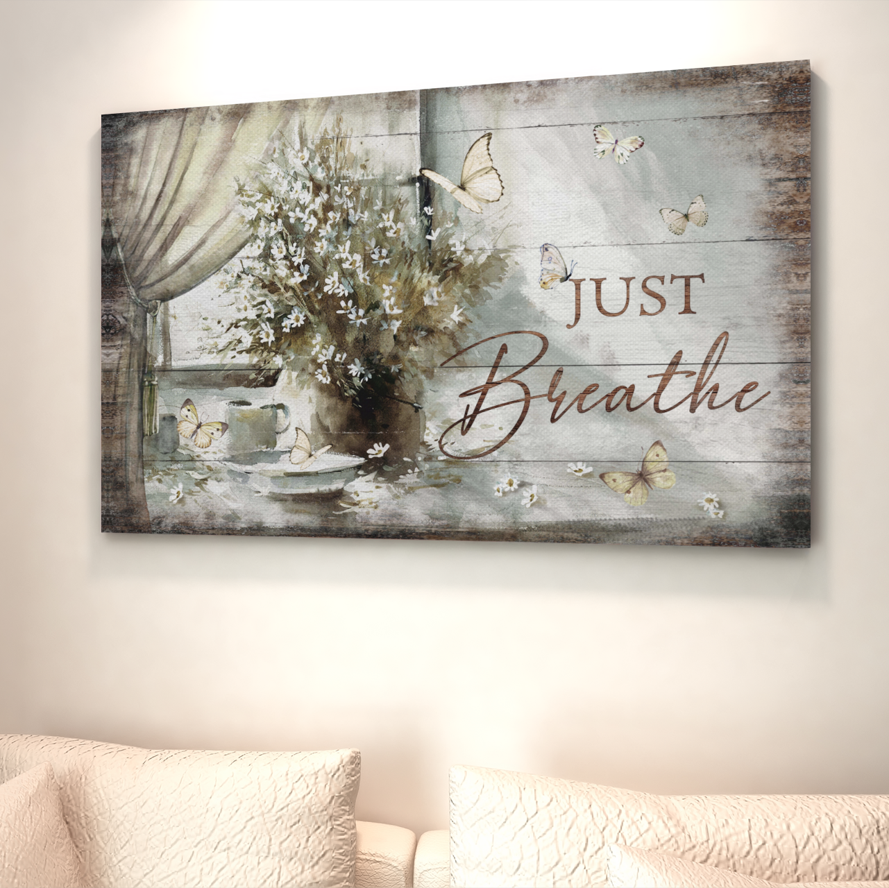 Just Breath Wall Art Canvas, Just Breath Canvas, Butterfly and Daisy Canvas - Canvas Prints